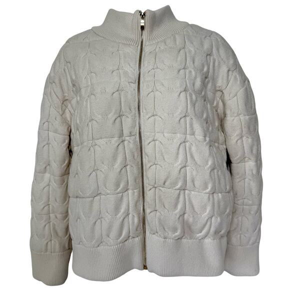JOIE Cable Knit Cardigan Sweater Style Insulated Bomber Jacket Cream Sz Large - Picture 1 of 6